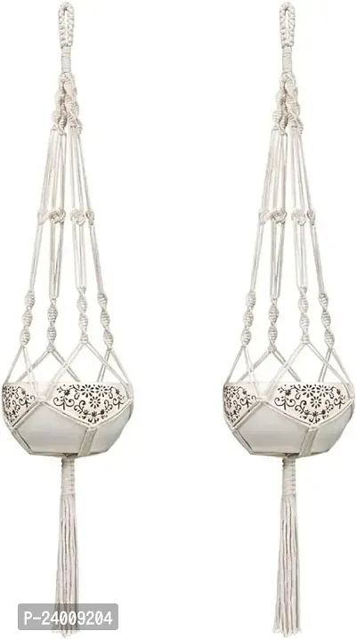 Premium Quality Macrame Plant Hanger Indoor Outdoor Hanging Planter Wall Art Boho Home Decor Basket Cotton Rope 4 Legs 41 Inch, 2 Pack, Ivory-thumb0