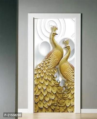Aadee Craft 3D Golden Peacock Door Wallpaper For Door Self Adhesive Vinyl, Door Sticker Wallpaper Murals Peel And Stick Vinyl For Home Decor,Water Proof (30X78 Inch)-thumb0