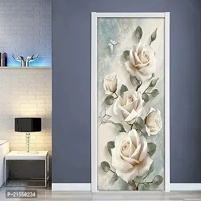 Aadee Craft 3D White Rose Flower Door Wallpaper Self Adhesive Vinyl, Door Sticker Wallpaper Murals Peel And Stick Removable Vinyl Decals For Home Decor,Water Proof (30X78 Inch)