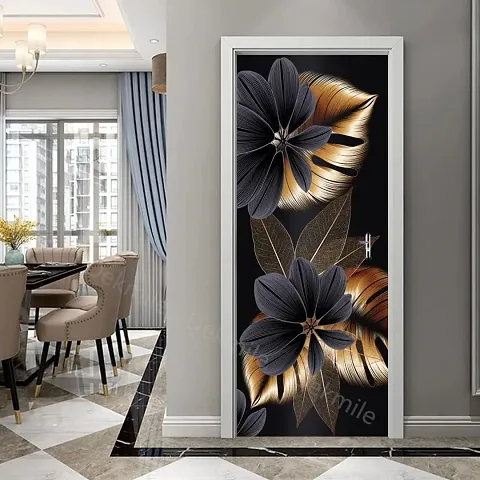Aadee Craft 3D Black Flower Peel And Stick Door Wallpaper For Door Self Adhesive Vinyl, Door Sticker Wallpaper Murals Peel And Stick Vinyl For Home Decor,Water Proof (30X78 Inch)