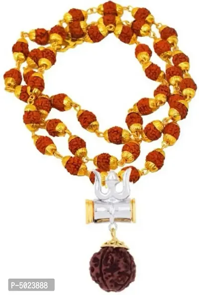 Lord Shiva Trishula Damaru Locket With Puchmukhi Rudraksha Mala Duble Color Combination Silver-plated Plated Wood Chain