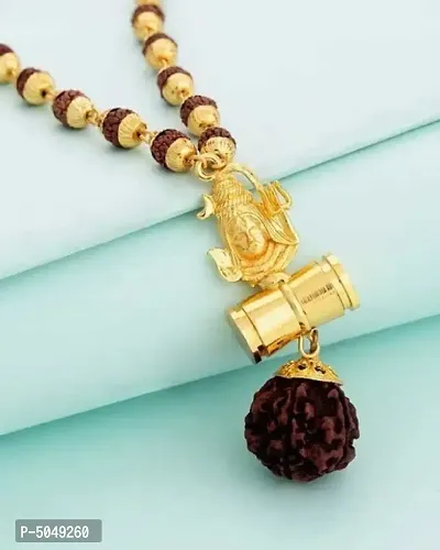 Shiv Rudraksha Studded Chain With Trishul Om Beads Gold-plated Plated Brass Chain-thumb0