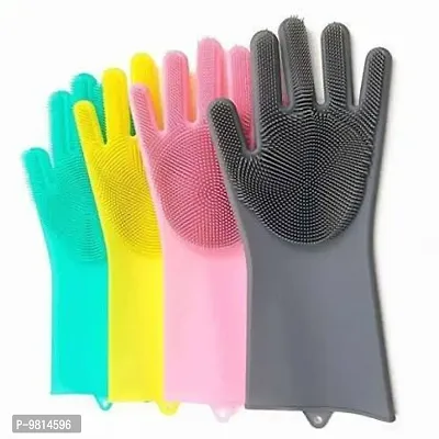 Silicone Gloves With Wash Scrubber Reusable Brush Heat Resistant Gloves Kitchen Tool For Washing Dish Car Pet Hair Care -1 Pair, Random Color-thumb0