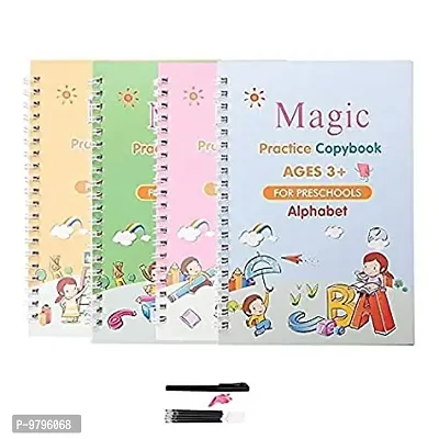 Sank Magic Practice Copybook, -4 Book , 1 Pen , 10 Refill Number Tracing Book For Pre-Schoolers With Pen, Magic Calligraphy Books For Kids Reusable Writing Tool-thumb0