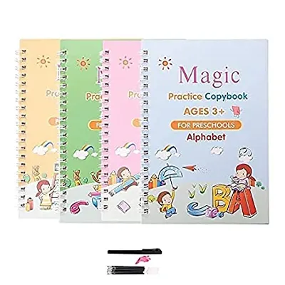Sank Magic Practice Copybook, -4 Book , 1 Pen , 10 Refill Number Tracing Book For Pre-Schoolers With Pen, Magic Calligraphy Books For Kids Reusable Writing Tool