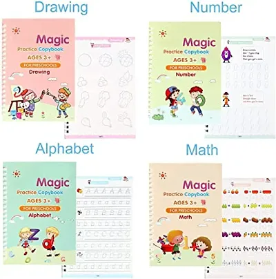 Magic Practice Copybook | Pack Of 4 Books And 10 Refills| Number Drawing Alphabet Books