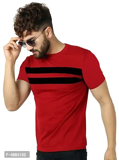 Maroon Cotton Blend Striped Round Neck Tees