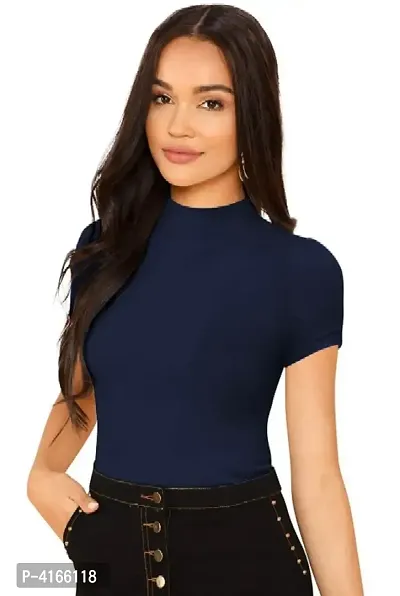 Trendy Navy Blue Cotton Blend Solid Top For Women