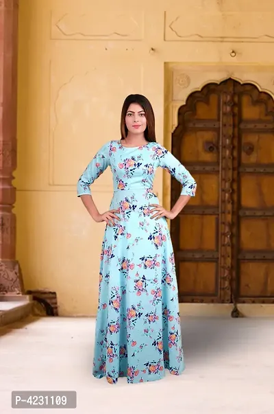 Stylish Crepe Blue Floral Printed Dress For Women