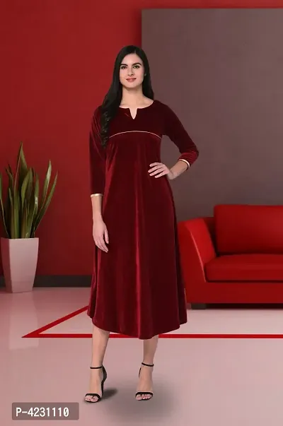 Stylish Velvet Maroon Solid Dress For Women