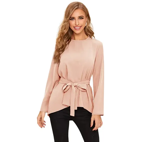 GLAMGIRLS Women Lycra Round Neck Full Sleeves Stylish Western Solid Top