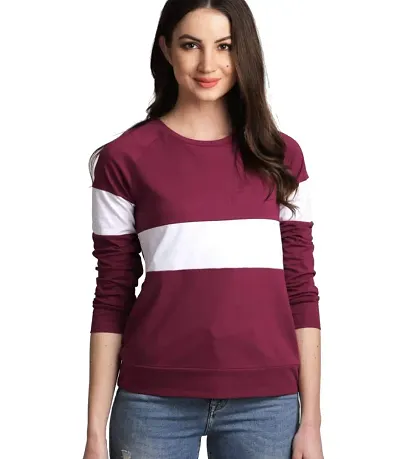 Colorblock Full Sleeve Round Neck Casual Women T-shirt