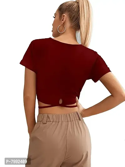 GLAMGIRLS Women Polyester Lycra Round Neck Half Sleeves Stylish Western Solid Top - ()-thumb2