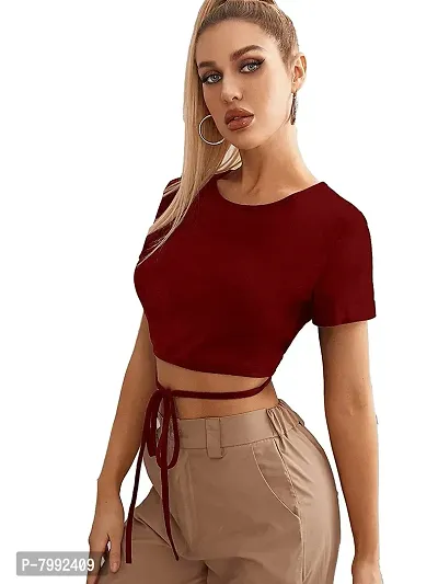 GLAMGIRLS Women Polyester Lycra Round Neck Half Sleeves Stylish Western Solid Top - ()-thumb3