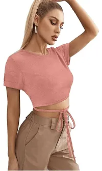 GLAMGIRLS Women Polyester Lycra Round Neck Half Sleeves Stylish Western Solid Top - ()-thumb1