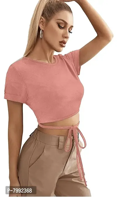 GLAMGIRLS Women Polyester Lycra Round Neck Half Sleeves Stylish Western Solid Top - ()-thumb2
