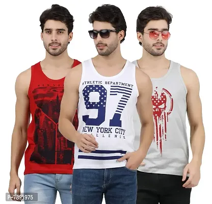 JUGULAR Men's Cotton Printed Vest-(Pack of 3) (Red,White,Grey, Small)