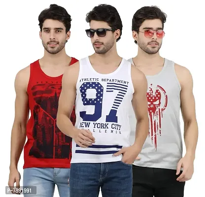 JUGULAR Men's Cotton Printed Vest-(Pack of 3) (Red,White,Grey, X-Large)