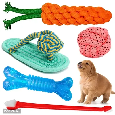 Dog Durable Cotton Chew Rope Slipper Dog Toys for Teething Playing Fun Toy + Gums Massage + Stress Relief Chew Rope Toy + Rubber Flavoured Chew Bone Suitable Small and Medium Puppies Pack of 4