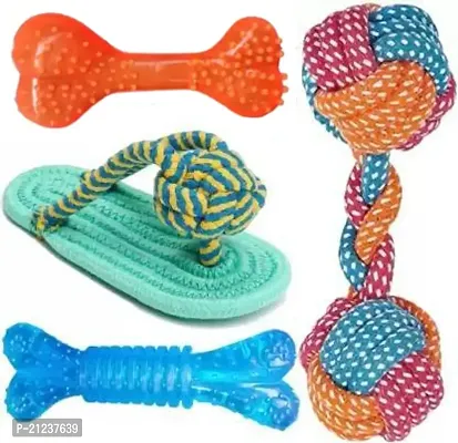 Toys for Puppies  Small Dogs Toys Hard Spike Bone Toy + Gums Cleaner Dumbbell Rope Toy + Rubber Chew Bone Toy Pack of 4