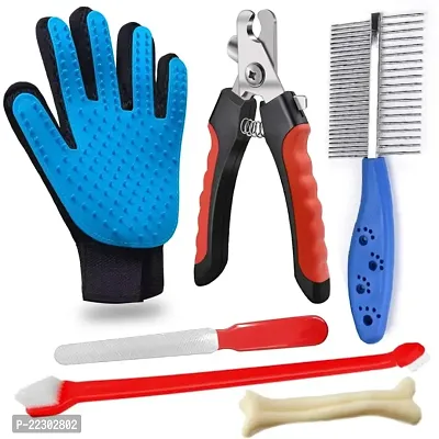 Hear Doggy Dog Grooming Kit - Dog Nail Clippers with Nail File + Pet Dog Toothbrush + Hair Comb Double Side + Pet Grooming Gloves Dog Cat Brushes Gloves for Gentle Shedding and washing - Free Bone-thumb0
