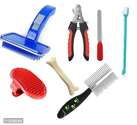 Hear Doggy 7 in 1 Dog Grooming Kit Bath Brush| | Toothbrush | Double Side Comb | Nail Cutter | Nail Filler | Pet Self Cleaning Slicker Brush | Chew Bone | Pet Spa Kit