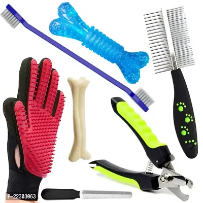 Dog Grooming Kit Nail Clippers with Filer manual Toothbrush Kit Dog Plastic Slicker Brush with Press Key Pet Grooming Glove for Dog Multicolor (Pack of 7)