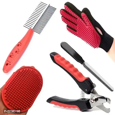 Dog Grooming Kit - Dog Nail Clippers Large + Pet Bath Brush Grooming Massager + Pet Double Sided Steel Comb + Pet Grooming Glove for Dog, Puppy, Cat and Kitten- 5 in 1 Combo