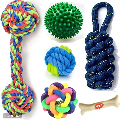 Hear Doggy Toys for Puppies + Toys for Small Medium Large Dogs Chew Toys, Rope Toys + Dog Ball Toys + Rope Dumble Toys 6 in 1 Pack (Buy One Get One Chew Bone Free)