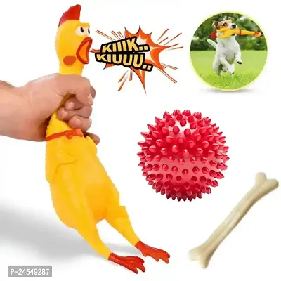 Puppies Combo Toys for Dogs Squeaky Chew Natural Latex Rubber Squeaky Chicken Toy (Large), Durable Chew Rubber Spike Ball Toy for Dogs - Pack of 3-thumb0