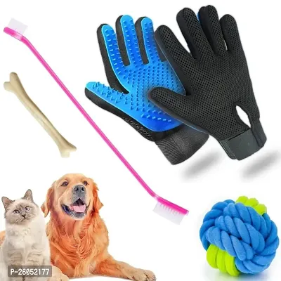 Pet Grooming, Deshedding  Massaging Glove for Dogs Cats Cleaning Remove Hair + Dog Toothbrush for Pets + Cotton Rope Ball for Dogs (Free Nylon Bone) - Color May Vary-thumb0