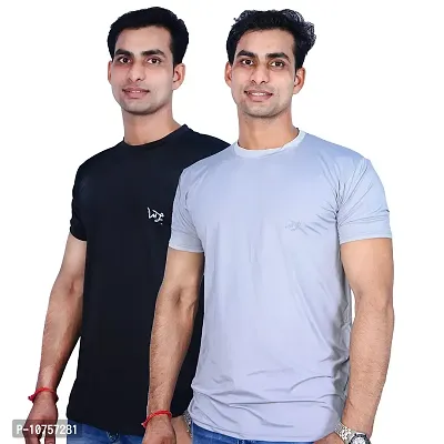 MJE Men's Pack of 2 Regular Fit T-Shirt | Round Neck, Half Sleeves Men's Nylon Lycra T-Shirt(Gray&Black,Medium)-thumb0