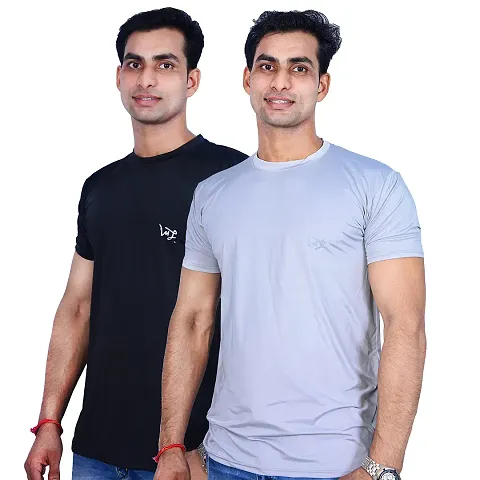 MJE Men's Pack of 2 Regular Fit T-Shirt | Round Neck, Half Sleeves Men's Nylon Lycra T-Shirt(Gray&Black,Medium)