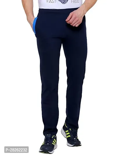 Stylish Blue Cotton Blend Solid Regular Track Pants For Men-thumb0