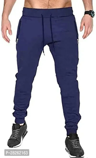 Stylish Blue Cotton Blend Solid Regular Track Pants For Men