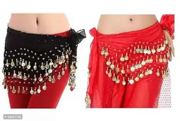 Ojas Fashion Women's Premium Belly Dance Chiffon Hip Scarf Wrap Belt with 128 Ringy Gold Coins (Black,Red Belly Belt)