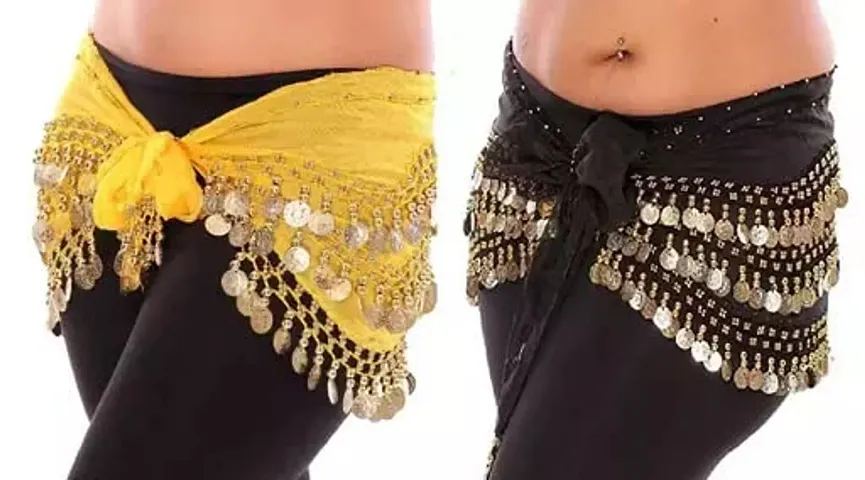 Ojas Fashion Women's Premium Belly Dance Chiffon Hip Scarf Wrap Belt with 128 Ring's Gold Coins (2 Pices Combo)