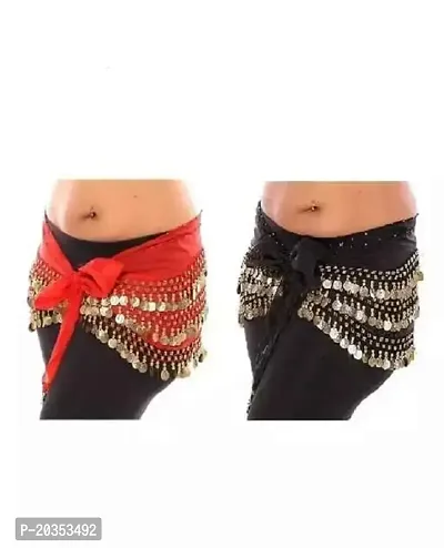 Ojas Fashion Women's Premium Belly Dance Chiffon Hip Scarf Wrap Belt with 128 Ringy Gold Coins (Red,Black Belly Belt)
