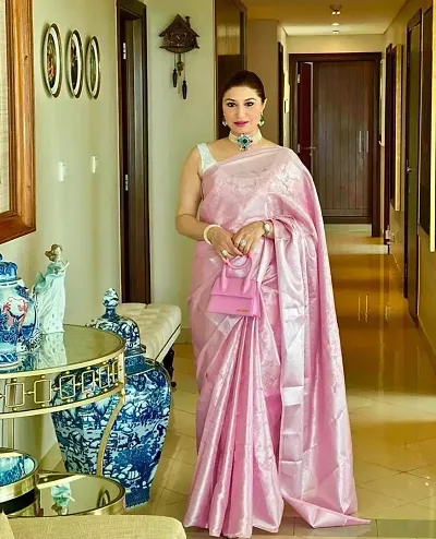 ROBES NEW ARRIVAL Women's Solid LITCHI SILK 5.5 Meter Saree with Unstitched Blouse Piece [PINK}