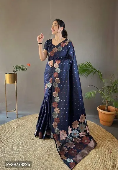 Flower Border Beautiful Art Silk Jacquard Border Saree With Unstitched Running Blouse For Women Wedding  Party Wear Saree - Blue-thumb2