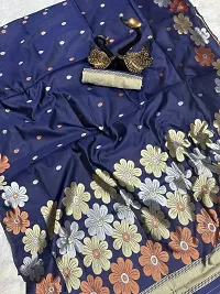 Flower Border Beautiful Art Silk Jacquard Border Saree With Unstitched Running Blouse For Women Wedding  Party Wear Saree - Blue-thumb2