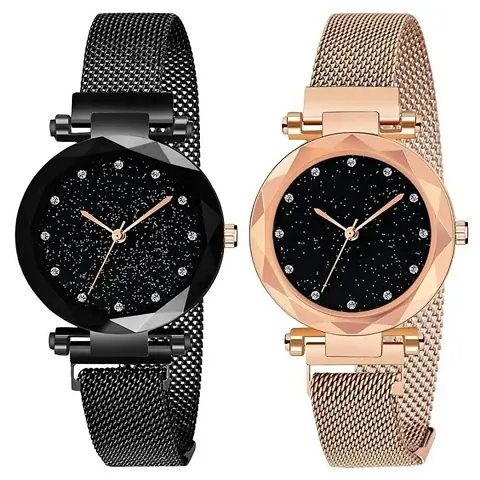 CORBITAL Analogue Dial Quartz Movement Girls and Women's Watch - Pack of 2 Watches (Black and Gold)