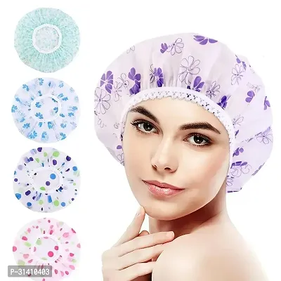 Waterproof Shower Caps Reusable EVA Plastic Bath Cap with Beautiful Lace Edge Eco-Friendly Hair Cap for Shower(PACK OF 4)