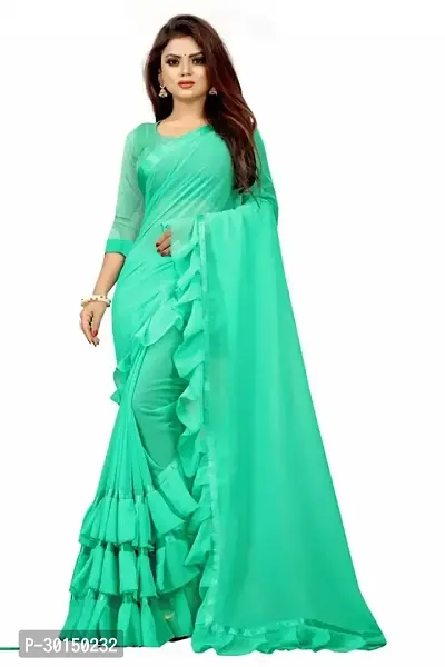 Stylish Georgette Sea Green Solid Saree with Blouse piece