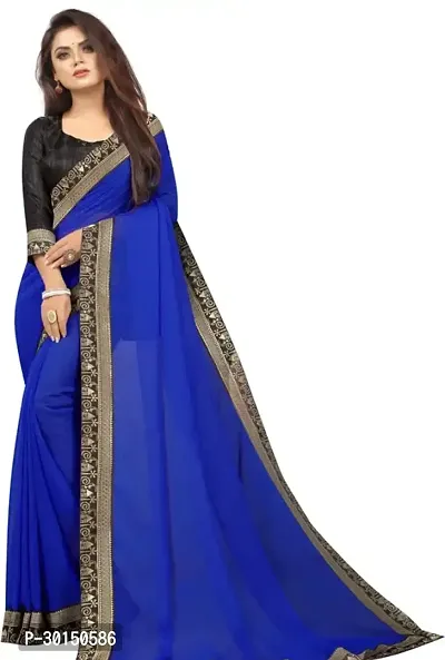 Stylish Georgette Blue Solid Saree with Blouse piece-thumb0