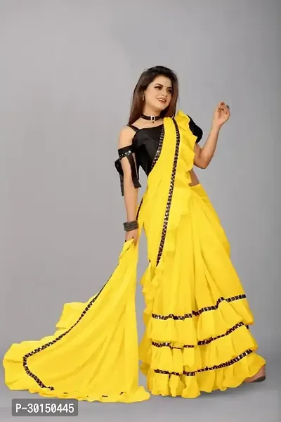 Stylish Georgette Yellow Solid Saree with Blouse piece