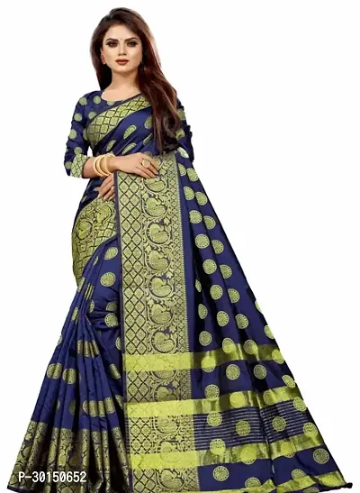 Stylish Cotton Silk Blue Zari Saree with Blouse piece