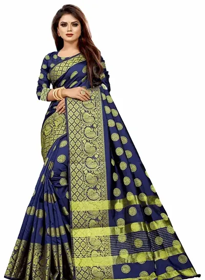 Stylish Cotton Silk Woven Design Saree With Running Blouse Piece