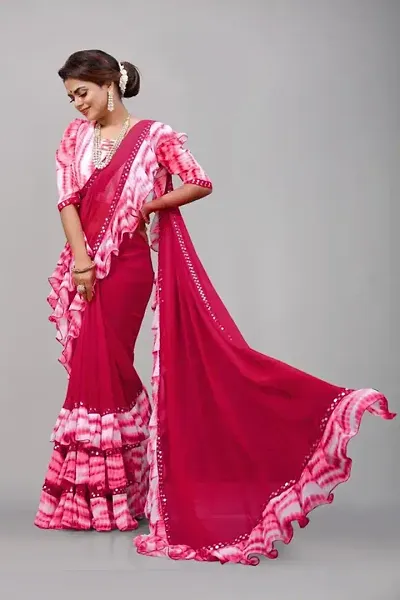 Bollywood Ruffle Shibori Print Sarees With Blouse Piece