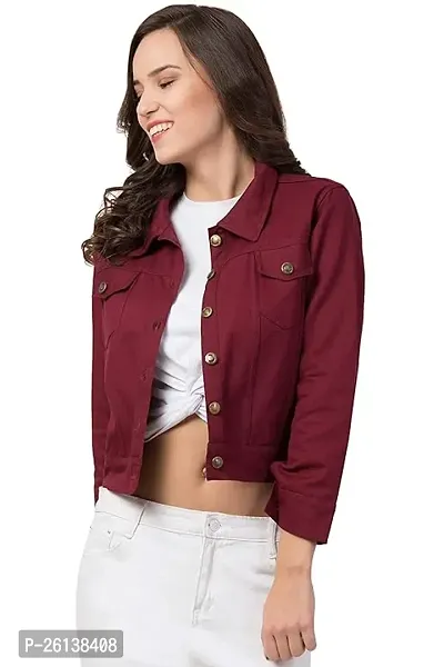 Contemporary Maroon Denim Solid Jackets For Women-thumb0